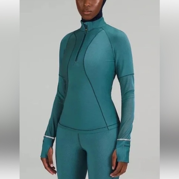 Lululemon Two-Tone Ribbed Running Half Zip Sz 10 teal LW3GOBS - Picture 1 of 8